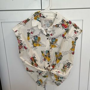 Zara cotton cap sleeve button down print top